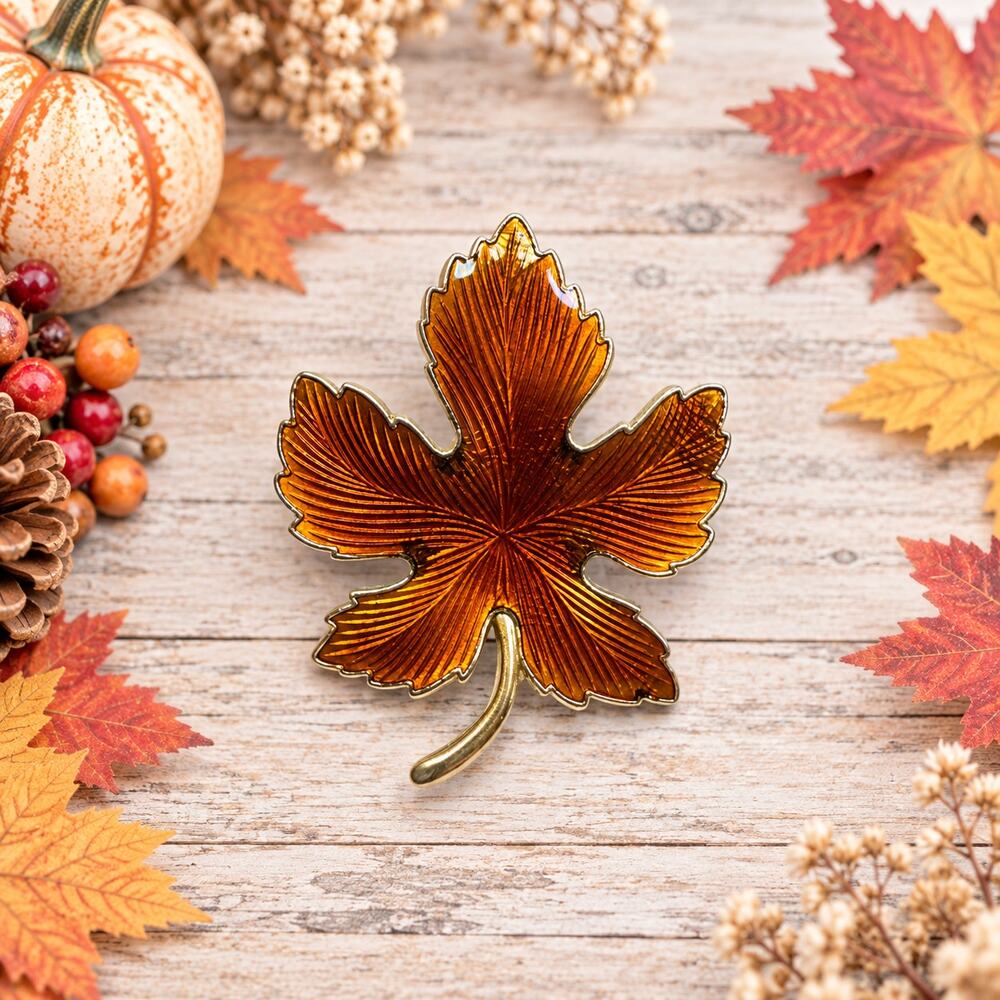 Orange Enamel Maple Leaf Brooch Gold Tone Autumn Fall Jewelry Pin CP217